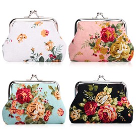 Oyachic 4 Packs Floral Coin Purse,Rose Kiss Lock Change Purse for Women,Small Cute Wallets with Clasp,Vintage Car Coin Pouch for Woman,Girls