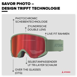 ATOMIC Ski Goggles Savor Photo Pistachio I Outdoor Goggles with 100% UV Protection I Ski Goggles with Photochrome Lens I Sports Glasses with Scratch-Resistant Coating I Oversized Snowboard Goggles