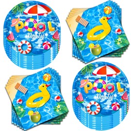 80Pcs Pool Party Supplies Summer Pool Party Set 7"Pool Paper Plate Pool Napkins for Beach Pool Theme luau Beach Pool Birthday Party Decorations|Serve 40