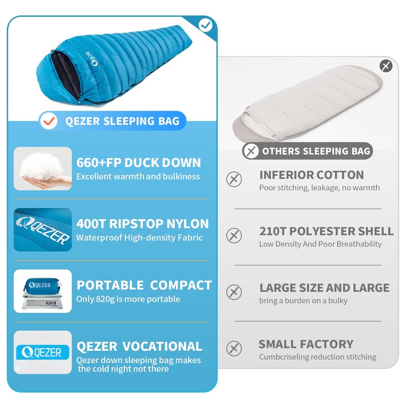 QEZER Down Sleeping Bag, Only 820 g, Lightweight Sleeping Bag,