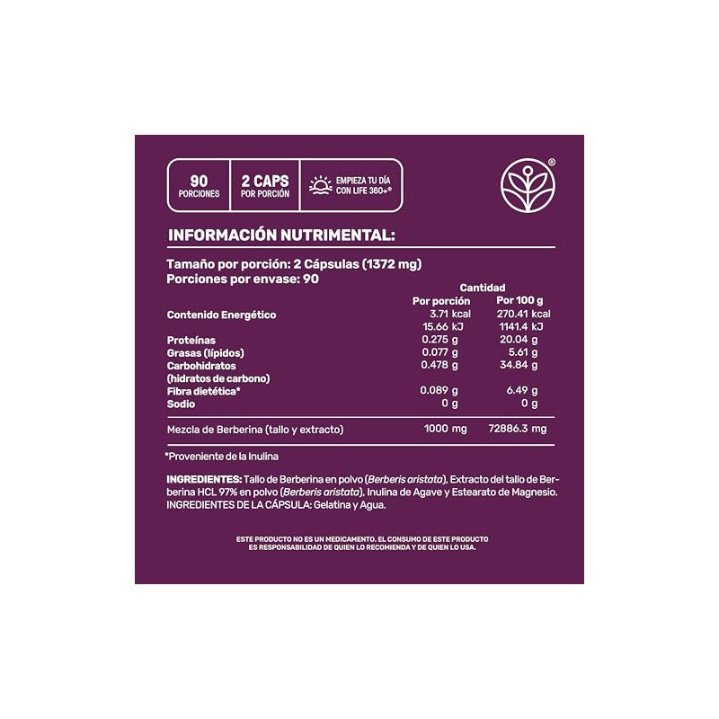 Life 360 Berberina 1000 Miligramos 180 Cápsulas Extracto Hcl Ingredientes