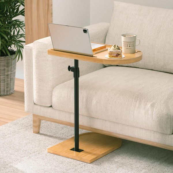 Livofloral Bamboo C Shaped End Table, 360° Rotatable TV Tray