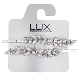 LUX ACCESSORIES Silver White Beaded Pearl Clear Crystal Rhinestones Set of 2 Pieces Wedding Bridal Prom Hair Pins
