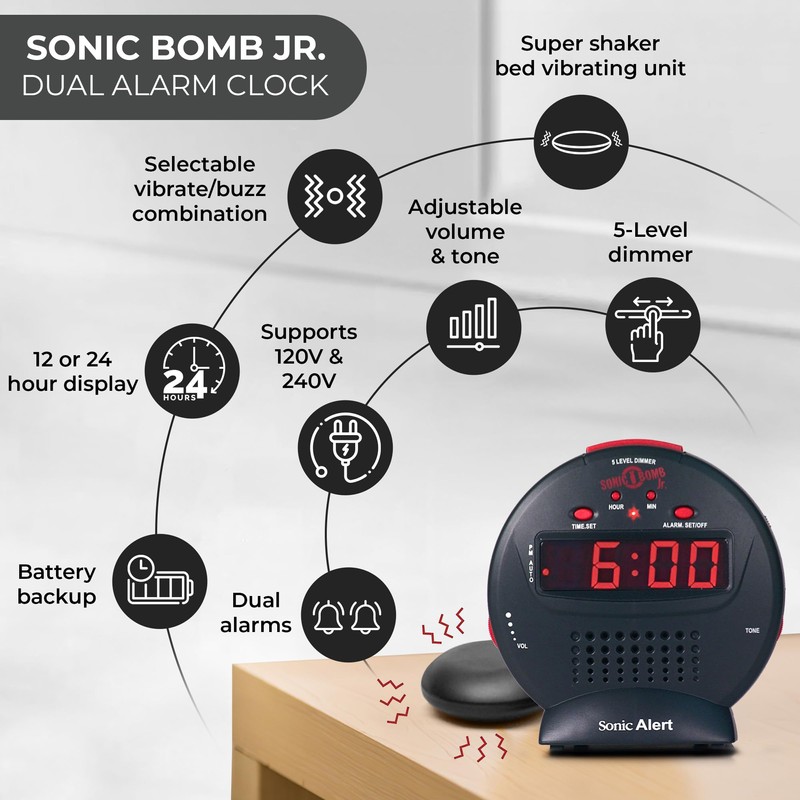 Sonic Alert Alarm Clock, Black/Red, 5" x 5"