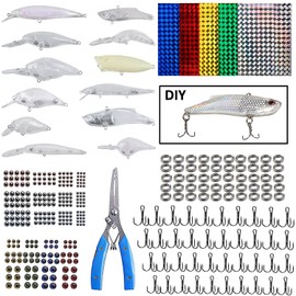 Unpainted Fishing Lures Kit - 363PCS Blank Hard Crankbait Lures Hard Bait Bodies Fishing Pliers Scissors,Treble Hooks, Split Rings, Lure Sticker 3D Eyes DIY Fishing Tackle Kit