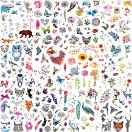 VERKSTAD 12 Sheets Temporary Tattoos For Men and Women, Bird Owl Waterproof Temp Tattoo Stickers for Adults, Hand and Body Art Realistic Tattoo Flower Animals