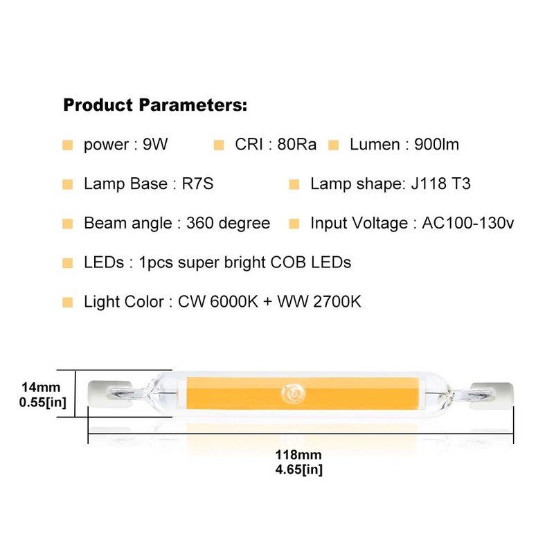 118MM R7S COB LED Bulbs, Lustaled 9W J Type 118MM