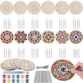 Silipull 24 Sets Mandala Wind Chimes Craft for Kids Color Your Own Mandalas Windchime DIY Unfinished Wood Hanging Ornaments Mandalas Coloring Wind Chime for Kids Gifts School Home and Party Supplies