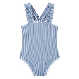 LIZENS Girls One Piece Swimwear Pink Stripe Ruffled Shoulder Straps Girls Swimsuit Size 2-12(LG70G02,9-10T)