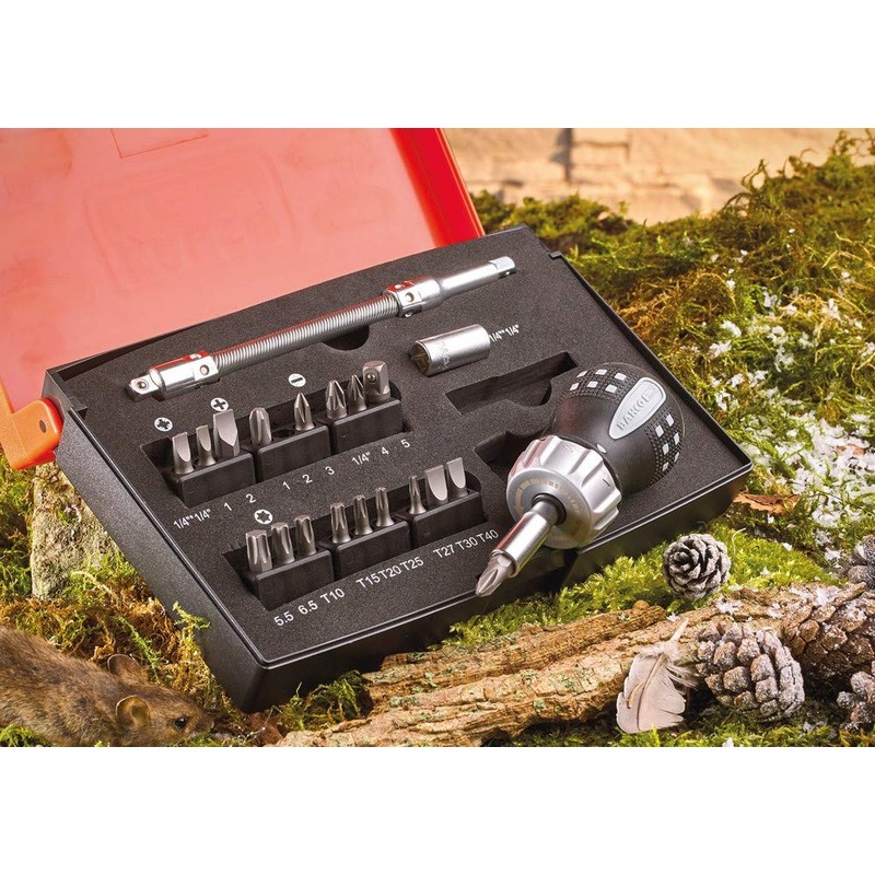 Bahco 22 Piece Stubby Ratchet Screwdriver 1/4" Bit Holder &