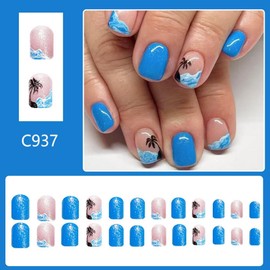 Press on Nails Short Square Blue False Nails with Sea Waves French Tips Designs Coconut Palms Fake Nail Glossy Glitter Stick on Nail Reusable Summer Nails for Women Girls Manicure 24Pcs
