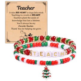 Teacher Christmas Gifts Teacher Gifts for Women, Elastic Beaded Stackable Teacher Christmas Bracelet for Women, Christmas Gifts for Teachers Xmas Stretch Bracelet Christmas Jewelry for Women