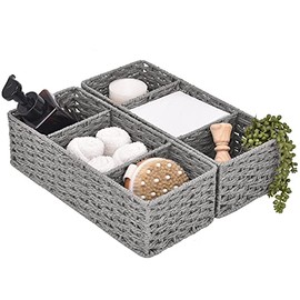 StorageWorks 3-Section Wicker Baskets for Shelves, Hand-Woven Round Paper Rope Storage Baskets, Gray, 14.4" x 6.1" x 4.3", 2-Pack