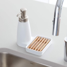 iDesign Benton Soap Dispenser Pump with Sponge Tray Organizer for Kitchen Countertops - White/Natural/Brushed