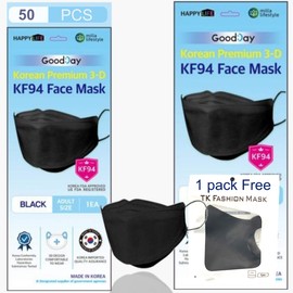 TK FASHION MASK (Pack of 50) Black Disposable KF-94 Face Masks, 4-Layer Filters (1Free Made in Korea, Nose Mouth Covering Dust Mask (individual Packed)(Black Color)