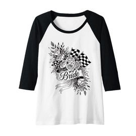 Womens Bride Racing Themed Wedding Checkered Flag Bridal Bouquet Raglan Baseball Tee