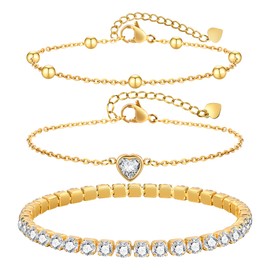 XUANPAI Women's Stackable Gold Bracelet Set - 14k Gold Plated Tennis Bracelets,Hypoallergenic Stainless Steel Charm Adjustable Gold Link Jewelry,Christmas Birthday Party Trendy Gift for Her