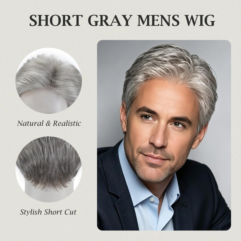 Mens Short Grey Silver Wigs Layered Natural Hair Costume Halloween