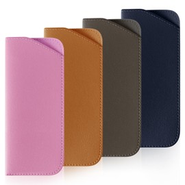 TIECHI 4 Packs Soft Eyeglass Cases Portable Pu Leather Glasses Pouch Squeeze Top Sunglass Case for Women Men(Brown, Purple, Dark Blue, Dark Gray)