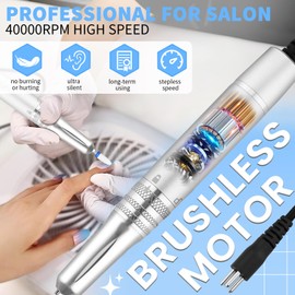 Kredioo Nail Drill Brushless Professional 40,000RPM Rechargeable 2-in-1 Portable Electric Nail File Ultra Silent Salon Must Haves Nail Tool Kit Removing Acylic Gels - White