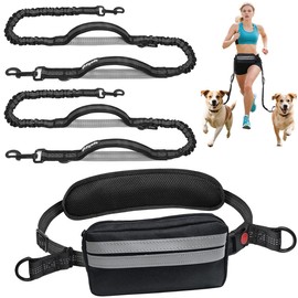 Hands Free Dog Lead, Fiyade Running Dog Leads with Waist Belt, Adjustable Waist Bag 2 Dogs Lead for Running, Safety Harness Buckle, Durable Bungee Walking Leash for Medium Large Dogs up to 50kg
