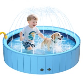 UCCY 2-in-1 Foldable Dog Pool for Large Dogs Hard Plastic Splash Sprinkler Kiddie Swimming Pool Non-Slip Portable Dog Bathtubs Collapsible Multi-Use Whelping Box Ball Pit Duck Pond Blue L-48"x12"