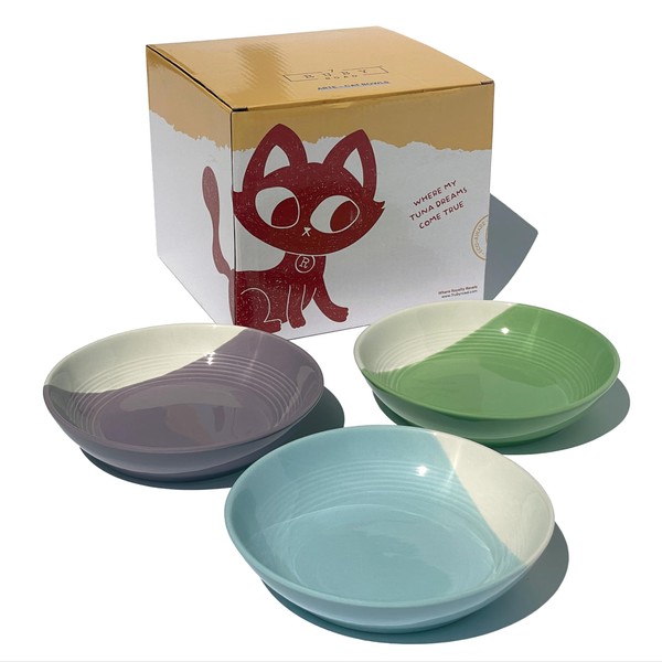 7 Ruby Road Set of 3 Ceramic Cat Bowls for Indoor Cats Feeding, Whisker Friendly Wide & Shallow Cat Food Dish 6.3", Anti Whisker Fatigue Cat Bowl for Pet Stress Relief, Cute Kitten Bowls Dishes Plate