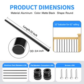 kuailebuy 100 Pack 32" Aluminum Deck Balusters,3/4" Round Aluminum Balusters for Deck Railing,with Screws & Connectors,Black Deck Rail Spindles for Wood/Composite Fencing