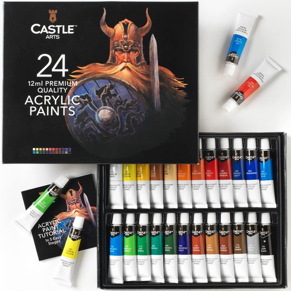 Castle Art Supplies 24 x 12ml Acrylic Paints Tubes Set for Adults Artists Beginners | A Perfect Mix of Quality and Versatility - Vivid Colours - Easy to Blend and Good Coverage on Paper Canvas Wood or Fabric