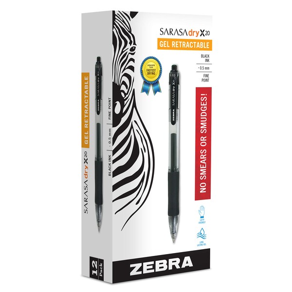 Zebra Pen Sarasa Dry X20 Retractable Gel Pen, Fine Point, 0.5mm, Black Ink, 12-Pack