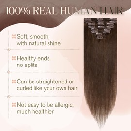 Tess Clip In Hair Extension Real Human Hair,Hair Extensions Clip In 8 Pieces Brown Long Remy Straight Real Hair Pieces for Women/Girls(#04,10Inch)