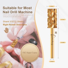 Cnynail 3/32" Large Barrel Flat Top Tungsten Carbide Nail Drill Bit Safety Bit for Gel & Acrylic Removal, Right-Way Rotating Efile Tip, Salon Electric File Accessory (5XC Grit, Gold)