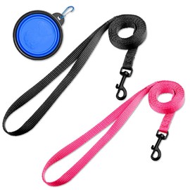 DOYOO 2 Pack Puppy Dog Leash Cat Leash, Strong and Durable Leash with Easy to Use Collar Hook - Dog Leashes for Cat with Collapsible Pet Bowl Great for Small and Medium Dog (Set 2-Black+Pink)