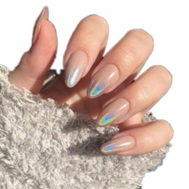 DANMANR Laser Press on Nails Nude False Almond Nails Full Cover Acrylic Fake Medium Nails for Women and Girls 24PCS