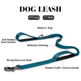 PetiFine 4FT Heavy Duty Dog Leash with Soft Padded Double Handle, Durable Strong Clasp Dog Leashes, Reflective Nylon Walking Lead for Large,Medium,Small Breed Dogs, Blue