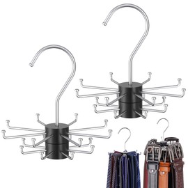 NiHome 2-Pack Double-Layer Rotating Belt Hangers for Closet, 2-Tier Rotatable Belt Organizer, 16 Hooks w/Solid Wood 360° Swivel Belts Tie Organizer, Space-Saving Storage Rack for Scarves Bras Purses