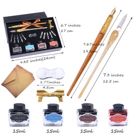 POHNPICE Calligraphy Pen Set Include Vintage Fountain Wooden Pen Glass Dip Pen for Beginners, 4 Colors Bottles of Ink, 10 Replaceable Nibs, 2 Pen Holders