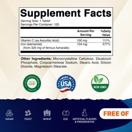 Vitamatic Ferrous Fumarate 325 mg + Vitamin C 100 mg (104 mg Elemental Iron) – High Potency Iron Supplement – Gentle on Stomach, 120 Tablets, Made in USA