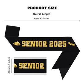 Vuzvuv Senior 2025 Graduation Sash, Black Satin Sash with Glitter Gold Fonts and Mortarboard & Certificate Pattern Design, 2025 Graduation Decoration for Class 2025 Graduates