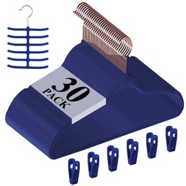 VECELO Premium Velvet Clothes Hangers Suit Heavy Duty (30 Pack)-Non Slip & Space-Saving with 6 Finger Clips & Tie Rack Excellent for Men and Women，Blue
