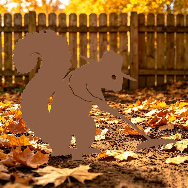 Rustic Raking Squirrel Metal Garden Stake, Funny Patio Decor