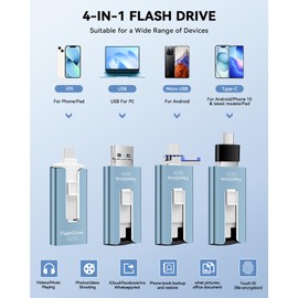 GNASEET USB Stick 256GB for Phone, 4-in-1 Flash Drive for Phone/Pad/Android/Tablet/PC, USB 3.0 High-Speed Memory Sticks Stable Data Transfer, External Storage Save More Photos & Videos, Blue