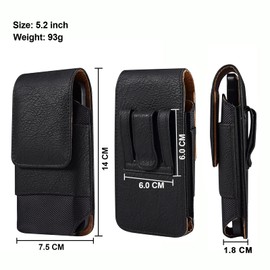 Cell Phone Waist Pack Leather Black, Mobile Phone Belt Clip Bag for Men, 6.5" Universal Waterproof Leather Smartphone Belt Loop Holster with Card Holder Carabiner Hook Wallet Pocket for Outdoor Sports
