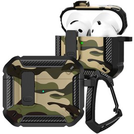 CCSmall for AirPods 4th Case Camouflage with Carabiner Keychain, Full Body Shockproof Protection Cover with Secure Lock Case for AirPods 4 Gen,Camo Green