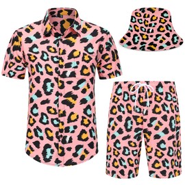 Spanoous Men's 2 Piece Tracksuits Rave Outfit Pink Leopard Print Shirt and Shorts Set with Bucket Hats 02-XL