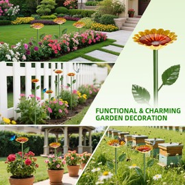 Bee Watering Station for Garden 1 Pack Metal Bee Feeder Cups with Colorful Flower Design,Butterfly Bee Bath Bowl for Outdoor Garden Yard Decor(Yellow)