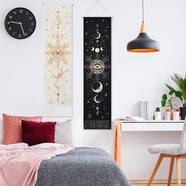 Yugarlibi Set of 2 Moon Phases Tapestry, Flowers Wall Hanging, Black and White Tapestry, Decorative Bohemian Cotton Long Tapestries, Wall Art for Bedroom, Black and White, 130 x 32.5 cm