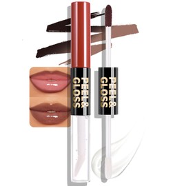 Wugbc Lip Stain Peel Off Lip Oil 2 in 1 Combo Set, Brown Long Lasting Tattoo Lip Liner Stain, Transfer-Proof Lip Tint Matte Finish Moisturizing Lip Gloss for Women Daily Makeup, Easy to Apply