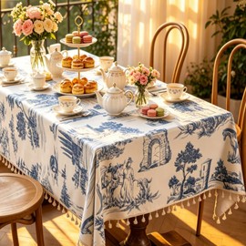 Retro Blue White Toile De Jouy Printed Rectangular Tablecloth, Premium Cotton Linen Table Cover with Complete Edge Tassels for French Country Kitchen Decor 60x86 Inches