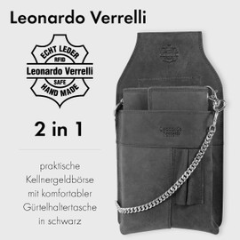 LEONARDO VERRELLI Waiter Wallet Leather Waiter's Wallet, Wallet, Women's Men's Wallet with or without Holster, Pocket with Chain and Large Coin Compartment, black, Classic